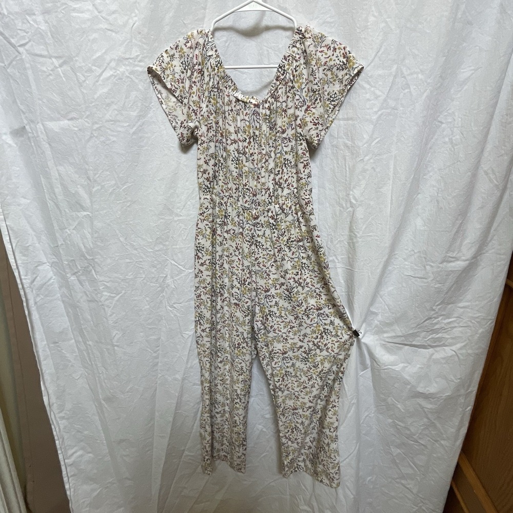 Society + Stitch Floral Jumpsuit Romper Elastic Shoulders Button Front Women's M